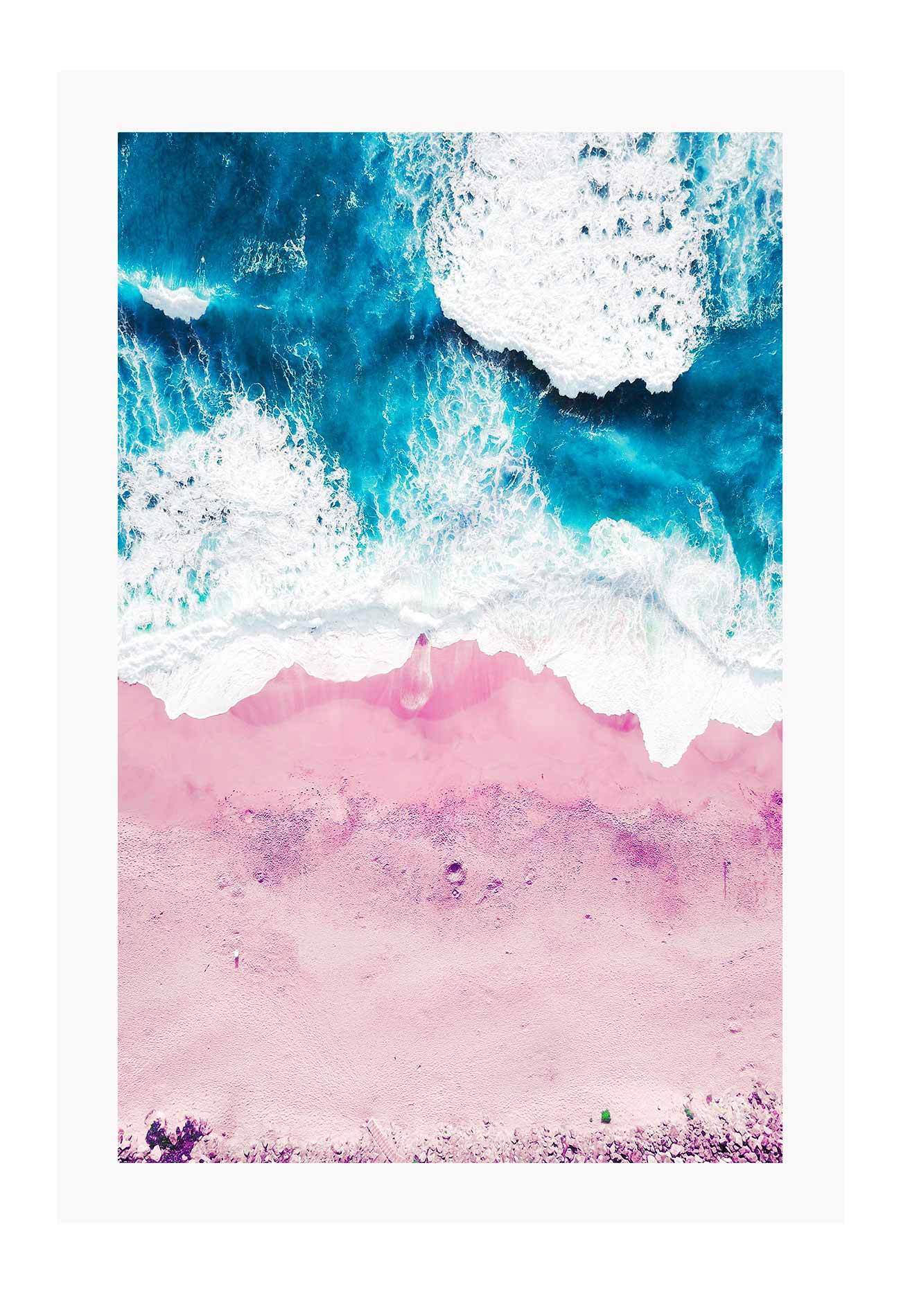 Pink sand ocean photography print with beach ocean sea coastal tones from aerial view.